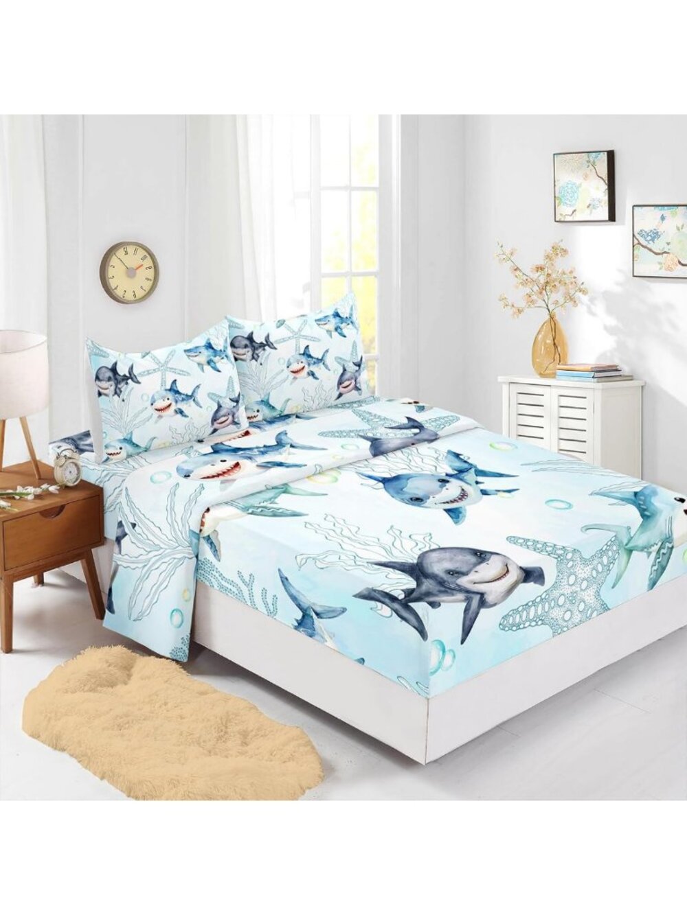 Ocean Shark Fitted Twin Sheet Set - 4PCs for Kids, Teens & Adults - Blue Bedding